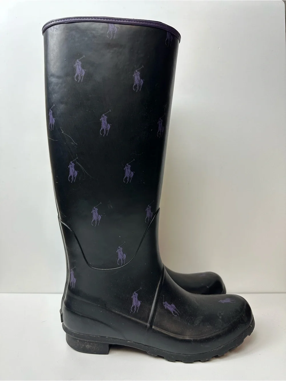 Ralph Lauren Black And Purple Pony Rubber Rain Boots